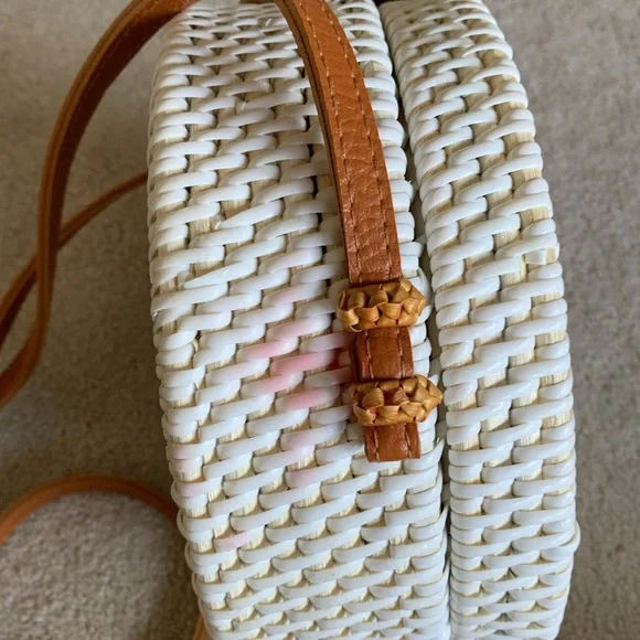 Crossbody Round White and Tan Woven Bag - Picture 8 of 9